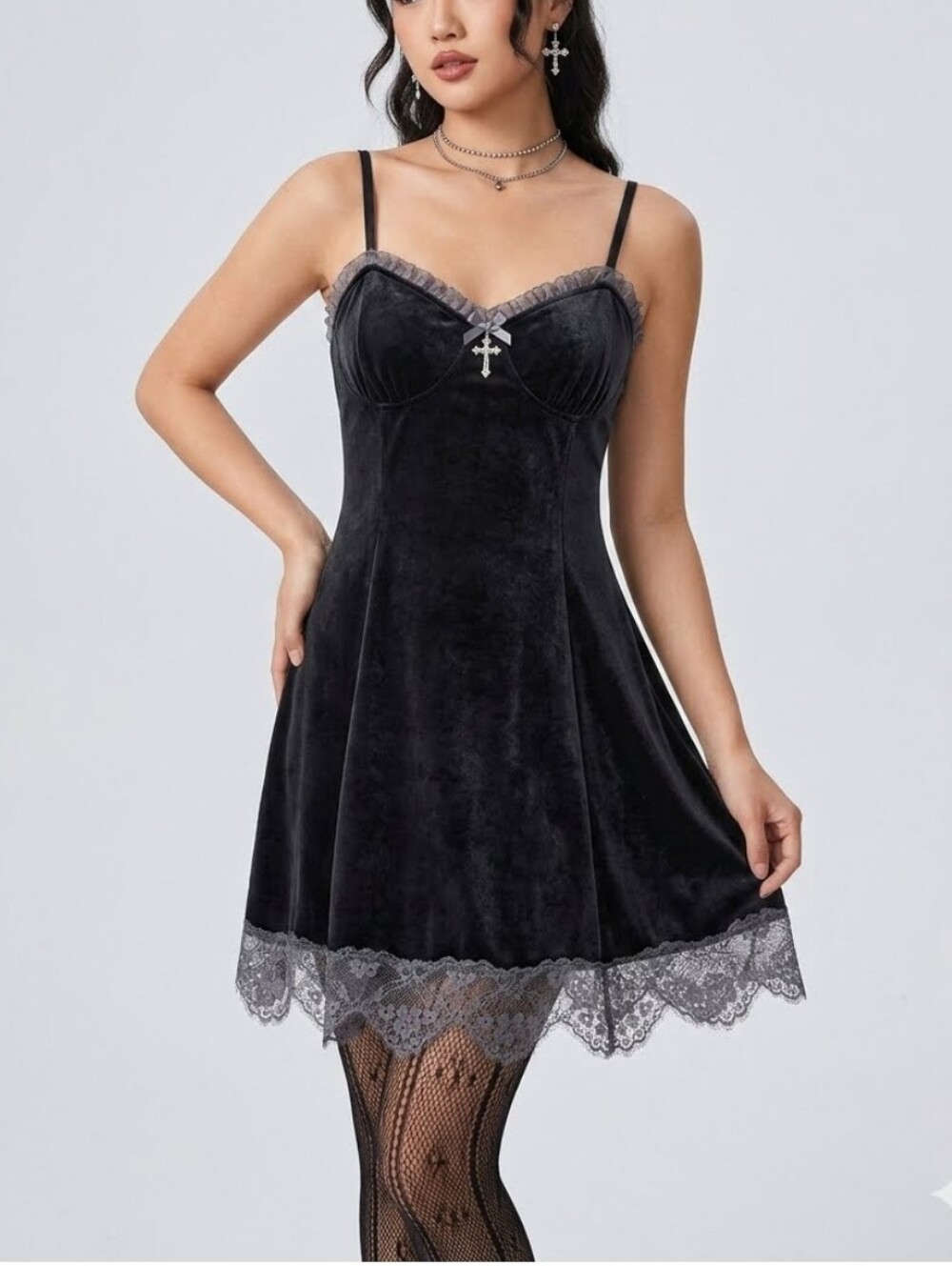 Black Velvet Crucifix Cross Lace Babydoll Slip Dress Dark Coquette Romantic Y2K